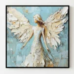 Textured hand-painted canvas depicting an angel figure with layered cream and white wings against soft blue background
