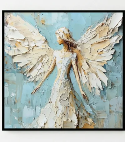 Textured hand-painted canvas depicting an angel figure with layered cream and white wings against soft blue background