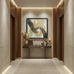 Contemporary abstract hand-painted canvas with gestural black and cream brushstrokes, modern entryway