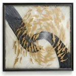 Contemporary hand-painted canvas with layered gold leaf figures swirling around dark striped circular forms, cream and charcoal palette
