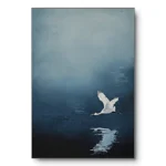 Minimalist painting of a single white crane flying low over dark still water with its reflection below, white mat frame