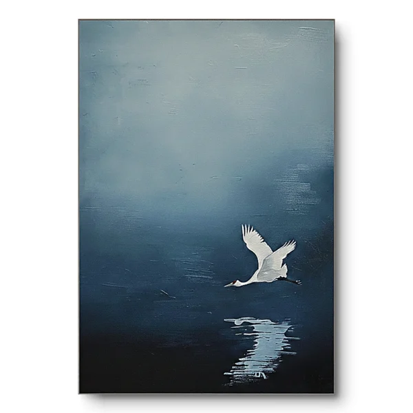 Minimalist painting of a single white crane flying low over dark still water with its reflection below, white mat frame