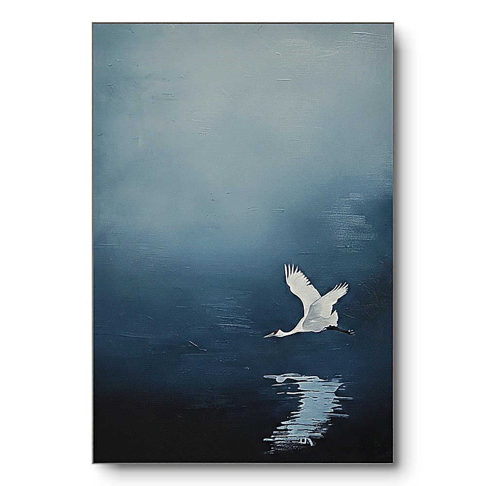 Minimalist painting of a single white crane flying low over dark still water with its reflection below, white mat frame