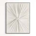 Minimalist hand-painted canvas with radiating linear strokes converging at center in soft cream and taupe tones