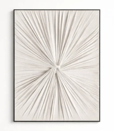 Minimalist hand-painted canvas with radiating linear strokes converging at center in soft cream and taupe tones