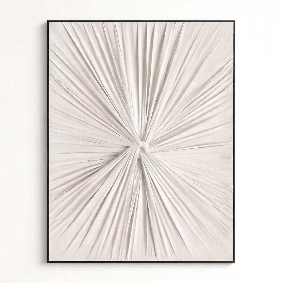 Minimalist hand-painted canvas with radiating linear strokes converging at center in soft cream and taupe tones