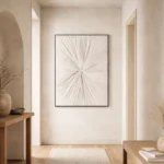 Minimalist abstract hand-painted canvas with radiating monochrome line work in cream and taupe, contemporary entryway