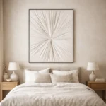 Minimalist abstract hand-painted canvas with radiating linear brushstrokes in cream and taupe tones, modern bedroom