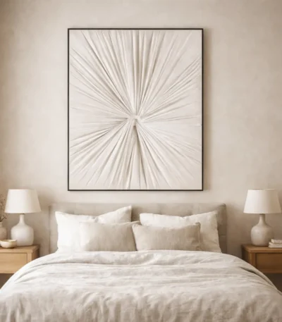 Minimalist abstract hand-painted canvas with radiating linear brushstrokes in cream and taupe tones, modern bedroom