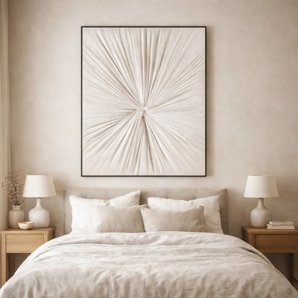 Minimalist abstract hand-painted canvas with radiating linear brushstrokes in cream and taupe tones, modern bedroom