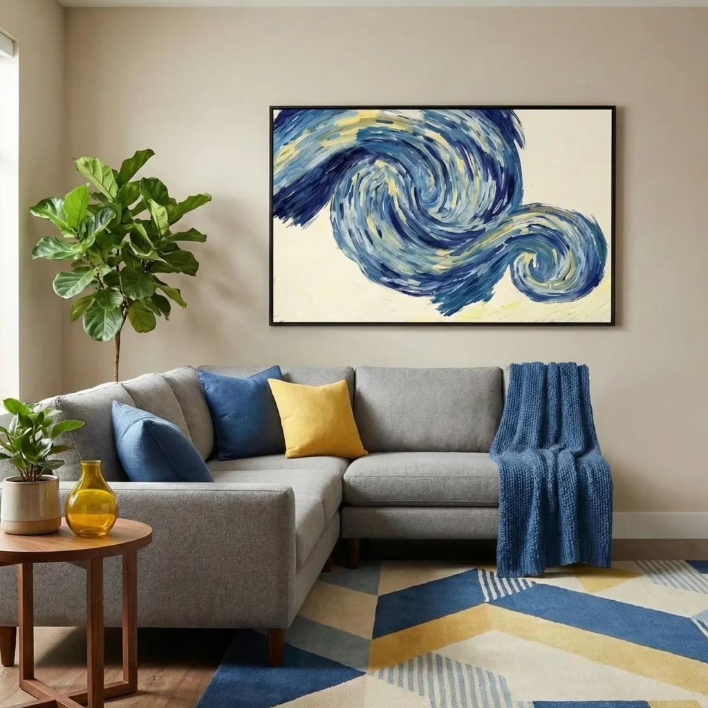 Gestural abstract hand-painted canvas with dynamic blue and yellow swirling brushstrokes, contemporary living space