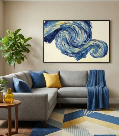Gestural abstract hand-painted canvas with dynamic blue and yellow swirling brushstrokes, contemporary living space