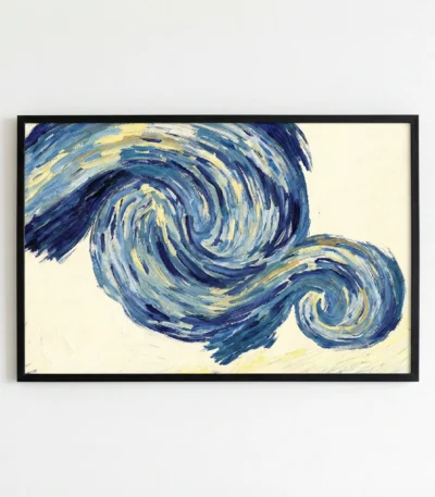 Gestural abstract hand-painted canvas with swirling navy and golden brushstrokes on cream background, contemporary living space