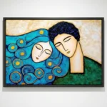 Contemporary hand-painted canvas depicting two serene figures with expressive closed eyes in cream and turquoise, adorned with swirling patterns and golden accents