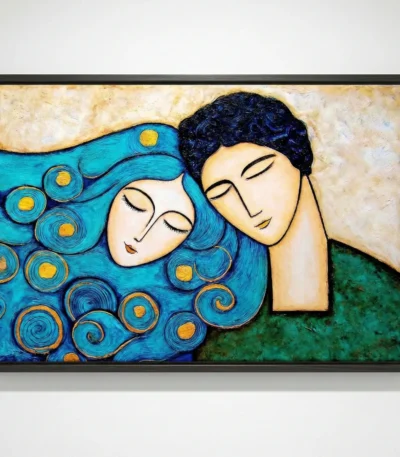 Contemporary hand-painted canvas depicting two serene figures with expressive closed eyes in cream and turquoise, adorned with swirling patterns and golden accents