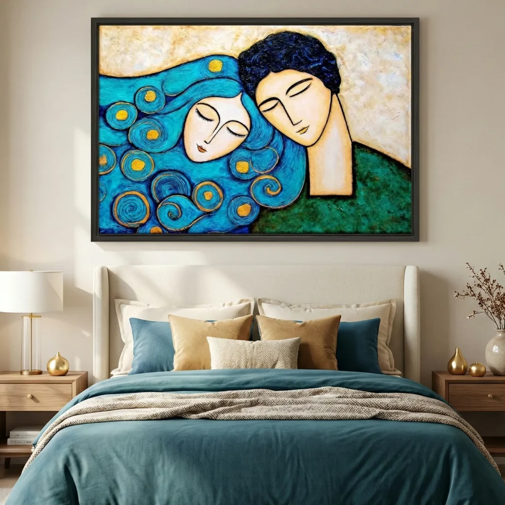 Quiet Embrace textured wall art shown framed on the wall in a styled interior
