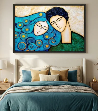 Contemporary figurative hand-painted canvas depicting two contemplative faces with flowing turquoise hair and gold accents, bedroom setting
