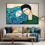 Contemporary figurative hand-painted canvas depicting two serene faces with flowing turquoise hair and gold circular motifs, warm cream and emerald tones, modern living space