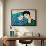Contemporary figurative hand-painted canvas depicting two serene faces with flowing blue hair and golden circular motifs, warm neutral palette, modern workspace