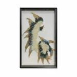 Textured hand-painted canvas depicting two feathered forms in cream, gold, and blue tones with mixed media embellishment