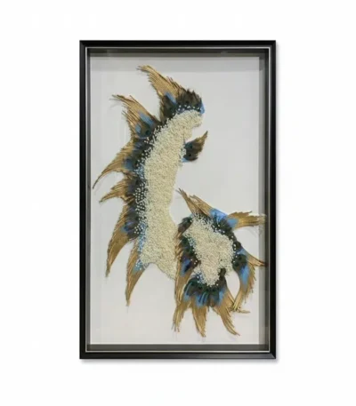 Textured hand-painted canvas depicting two feathered forms in cream, gold, and blue tones with mixed media embellishment