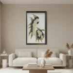 Textured hand-painted canvas depicting stylized feathers in cream, teal, and gold tones, contemporary living space
