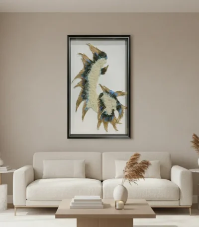 Textured hand-painted canvas depicting stylized feathers in cream, teal, and gold tones, contemporary living space