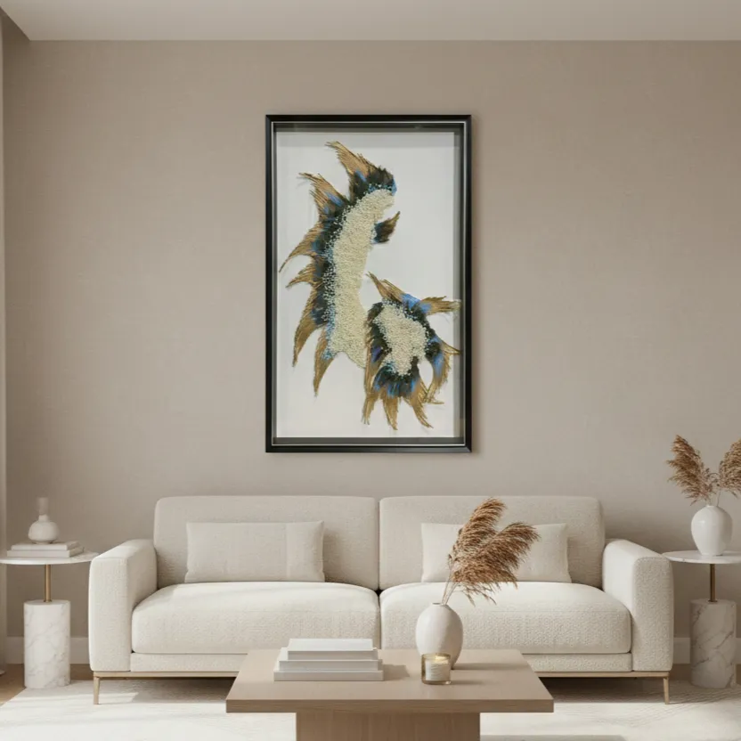 Textured hand-painted canvas depicting stylized feathers in cream, teal, and gold tones, contemporary living space
