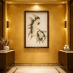 Textured abstract hand-painted canvas featuring cream and deep blue feathered forms with gold accents, contemporary entryway