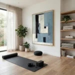 Contemporary abstract hand-painted canvas in layered blue, cream, and black geometric forms, yoga studio setting
