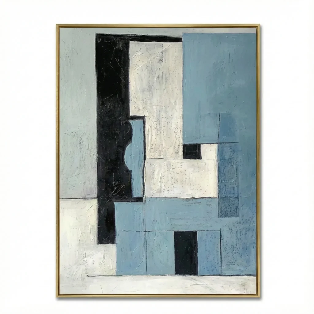 Minimalist abstract hand-painted canvas with interlocking geometric forms in black, cream, and muted blue tones