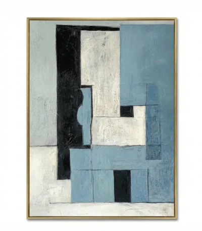 Minimalist abstract hand-painted canvas with interlocking geometric forms in black, cream, and muted blue tones
