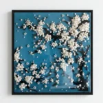 Textured abstract hand-painted canvas with cream and ivory dimensional beads against deep teal and black background, contemporary living space