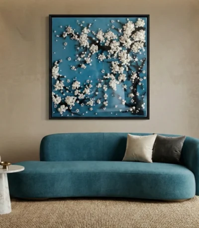 Textured abstract hand-painted canvas with ivory botanical clusters on deep teal background, contemporary living space