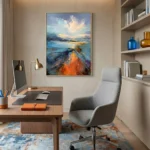 Textured abstract landscape hand-painted canvas in vibrant blues, oranges, and golds with gestural brushstrokes, contemporary office setting