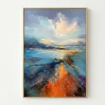 Gestural abstract landscape painting with layered brushstrokes in turquoise, orange, and cream tones, white wall backdrop