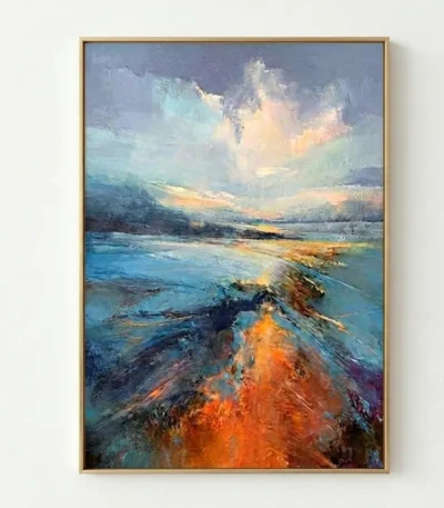 Gestural abstract landscape painting with layered brushstrokes in turquoise, orange, and cream tones, white wall backdrop