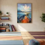 Textured abstract landscape hand-painted canvas depicting golden sunset over turquoise water in warm and cool tones, yoga studio setting