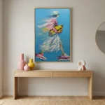 Textured figurative hand-painted canvas of woman in pink jacket with layered fish-scale skirt against vibrant blue, contemporary entryway