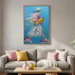 Gestural figurative hand-painted canvas depicting woman with flowing hair in pink and yellow tones against vibrant blue, contemporary living space