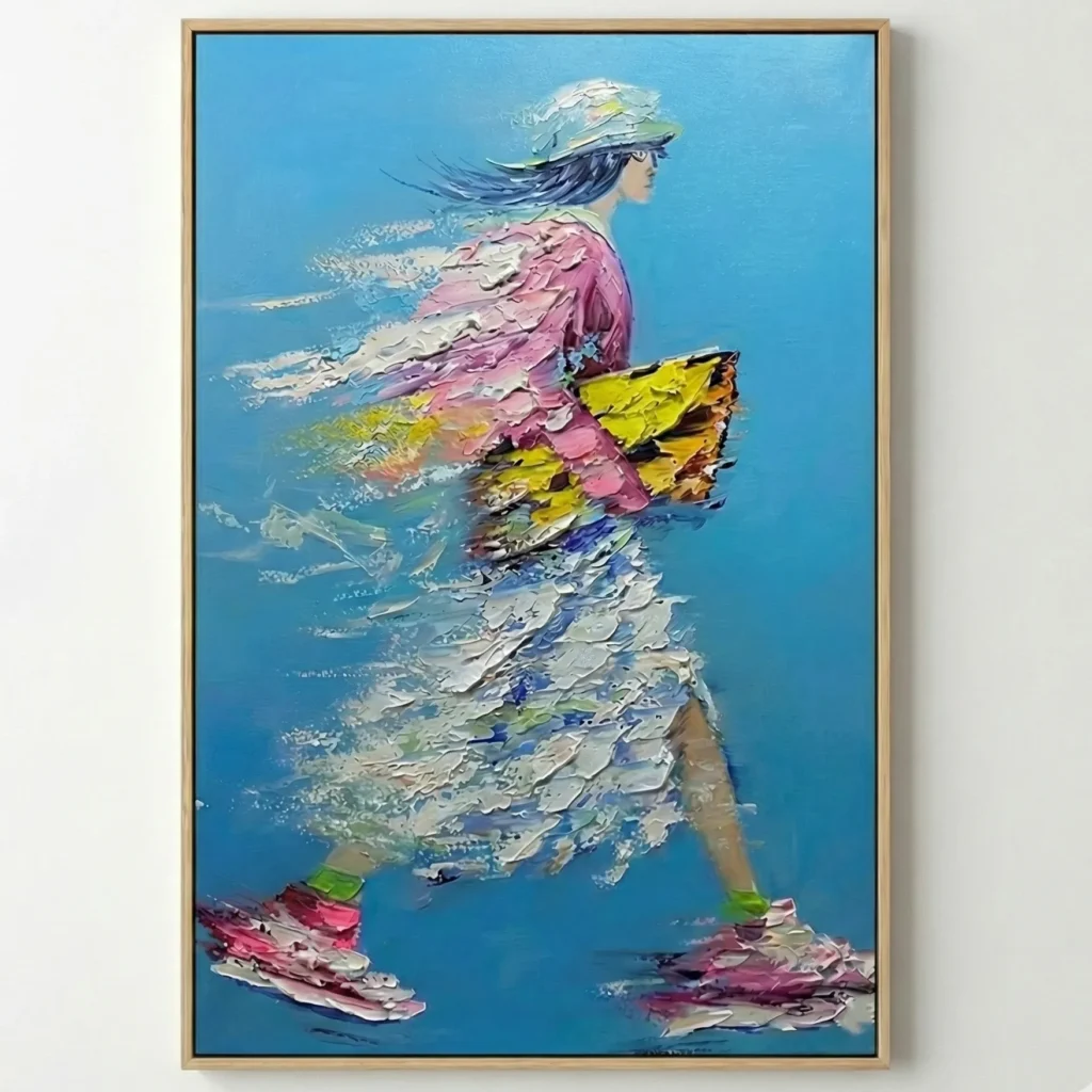 Gestural hand-painted canvas depicting a profile figure in flowing pink and yellow garments against vibrant blue background