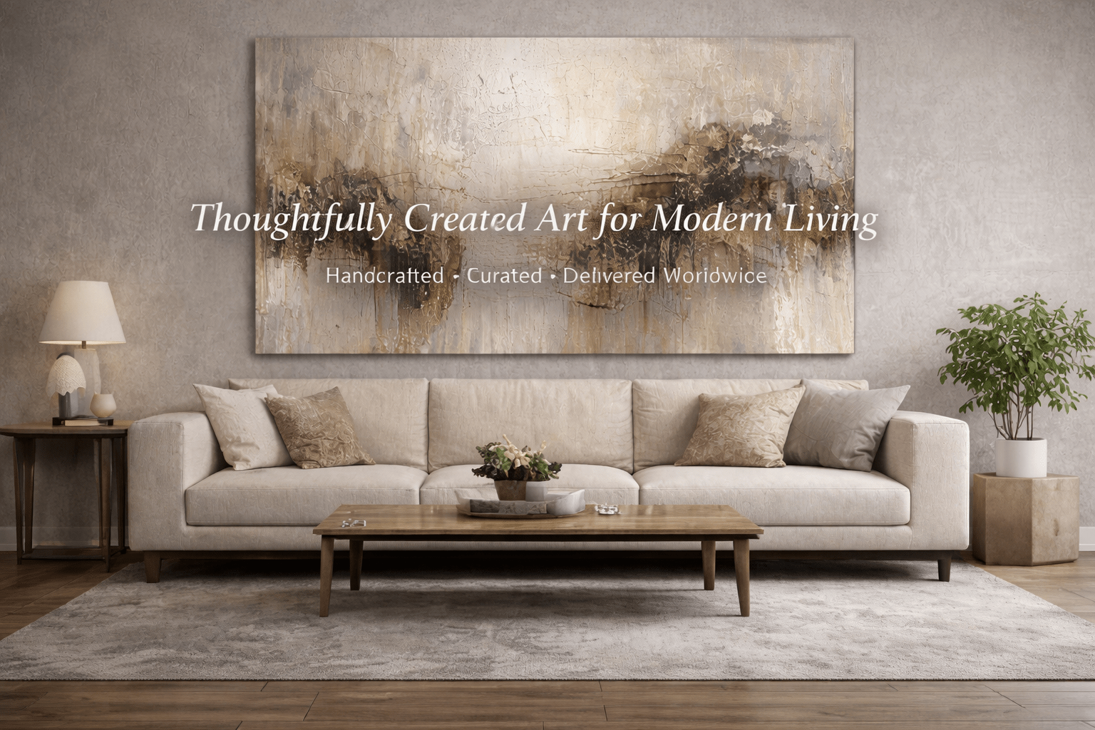 Layered abstract hand-painted canvas in cream, taupe and charcoal with textured gestural brushwork, modern living space