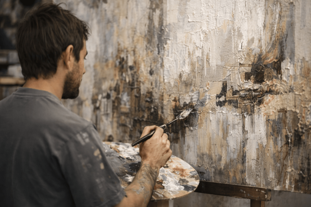 Textured abstract hand-painted canvas in layered whites, grays and burnt sienna tones, artist studio setting