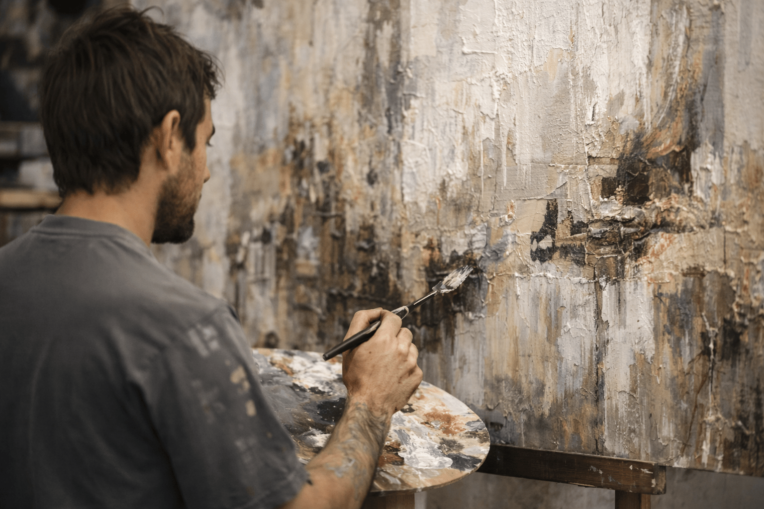 Textured abstract hand-painted canvas in weathered cream, ochre and charcoal tones, studio setting