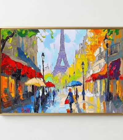 Impressionist hand-painted canvas of rainy Parisian street with Eiffel Tower, vibrant reds and yellows, contemporary living space