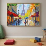 Impressionist hand-painted canvas depicting Parisian street scene with Eiffel Tower, vibrant red awnings and autumn foliage in warm tones, contemporary interior