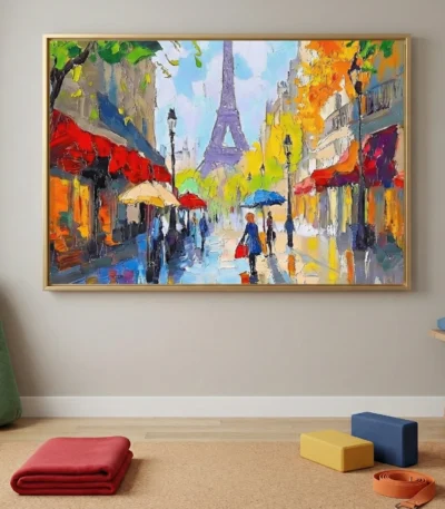 Impressionist hand-painted canvas depicting Parisian street scene with Eiffel Tower, vibrant red awnings and autumn foliage in warm tones, contemporary interior