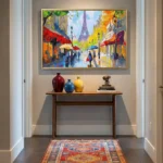 Impressionist hand-painted canvas depicting vibrant Parisian street scene with Eiffel Tower, luminous yellows and reds, contemporary entryway