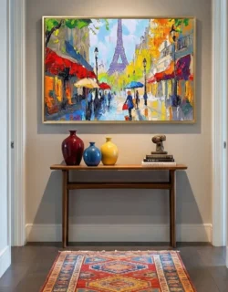 Impressionist hand-painted canvas depicting vibrant Parisian street scene with Eiffel Tower, luminous yellows and reds, contemporary entryway