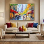Impressionist hand-painted canvas depicting a rainy Parisian street scene with vibrant red awnings, yellow foliage, and colorful umbrellas, contemporary living space